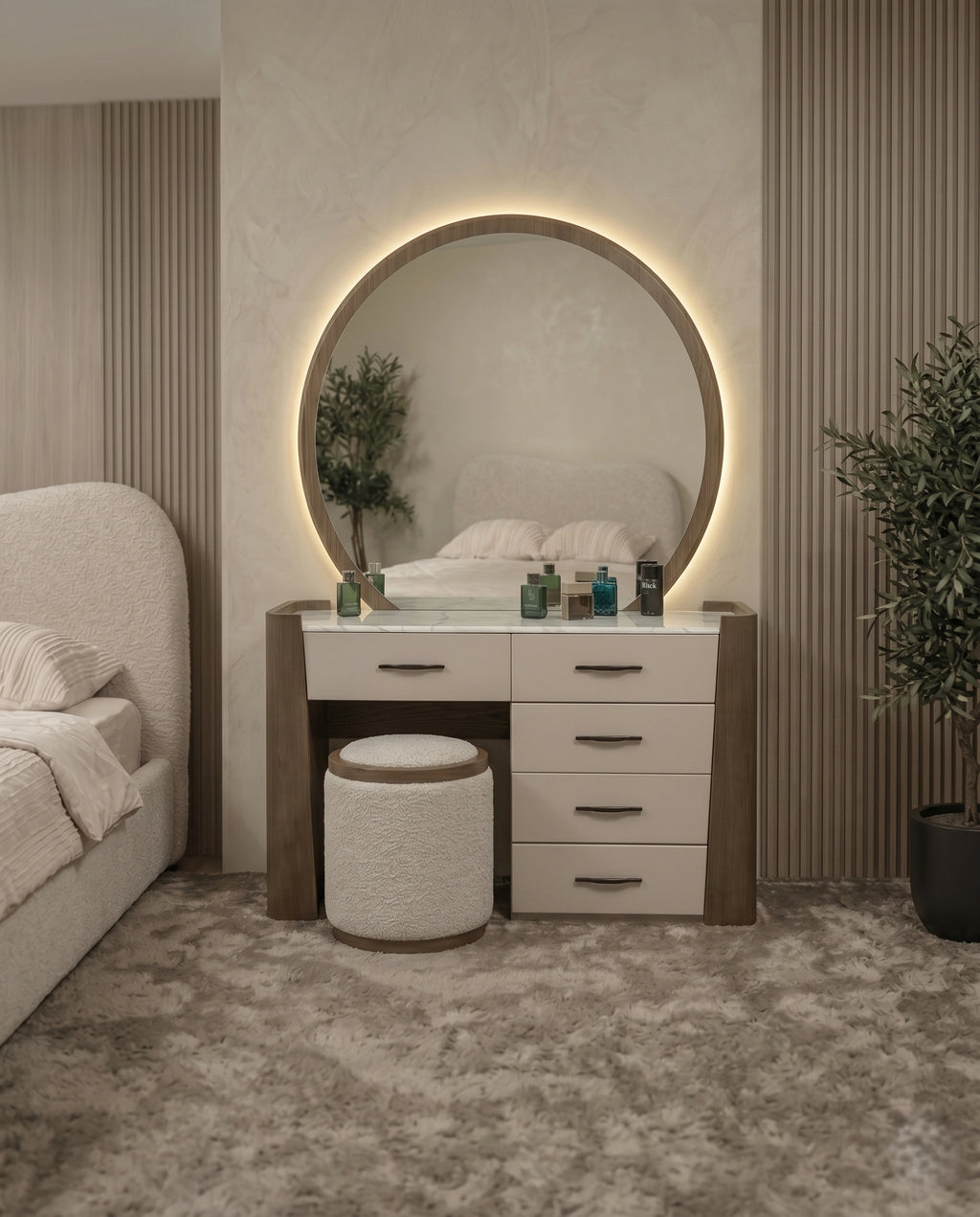 Organic Walnut & Marble Dressing Table Set with LED Mirror Arris Concepts