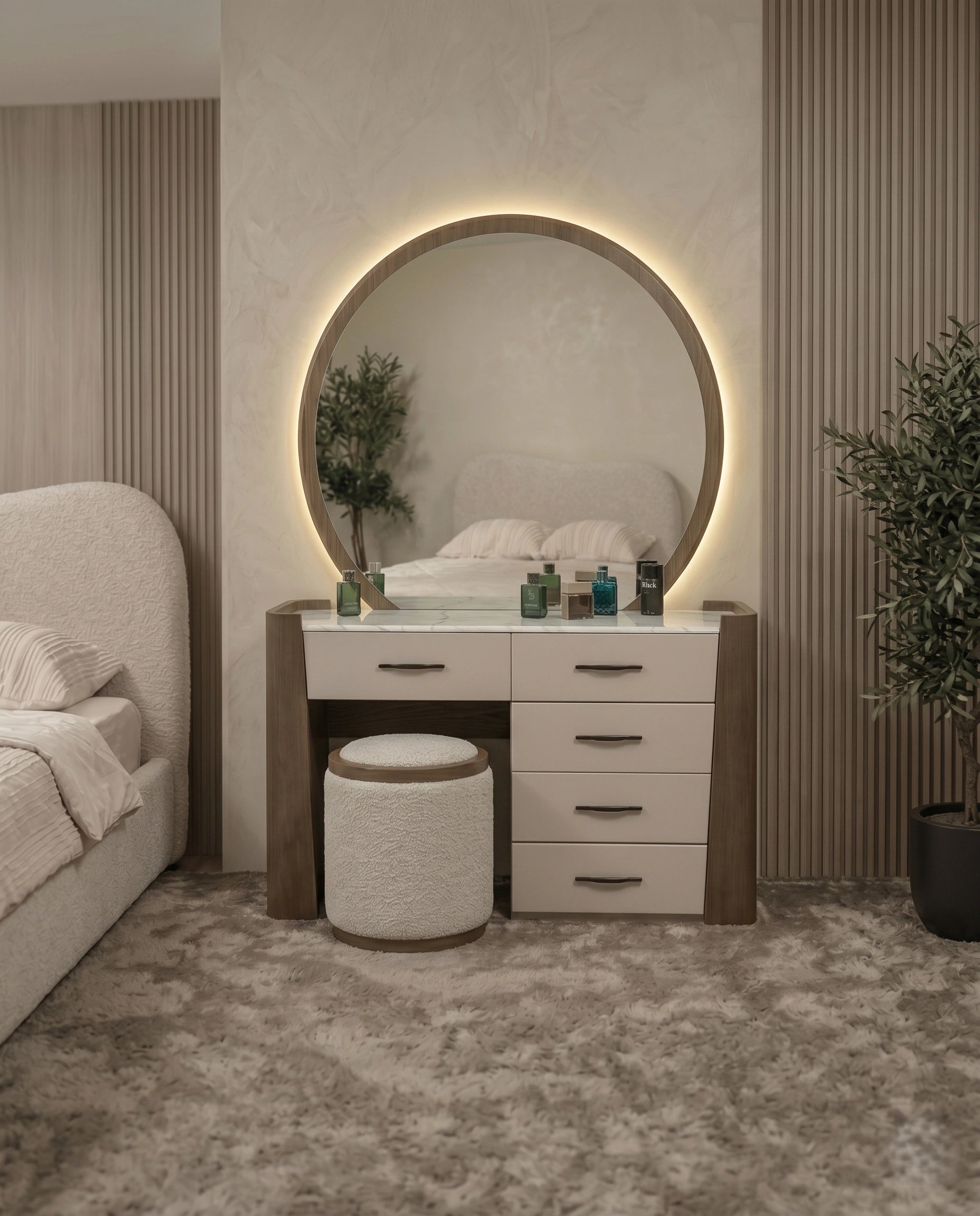Organic Walnut & Marble Dressing Table Set with LED Mirror Arris Concepts