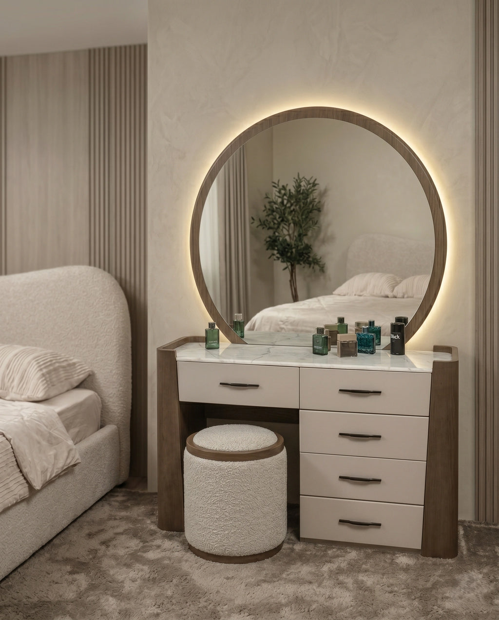 Organic Walnut & Marble Dressing Table Set with LED Mirror Arris Concepts