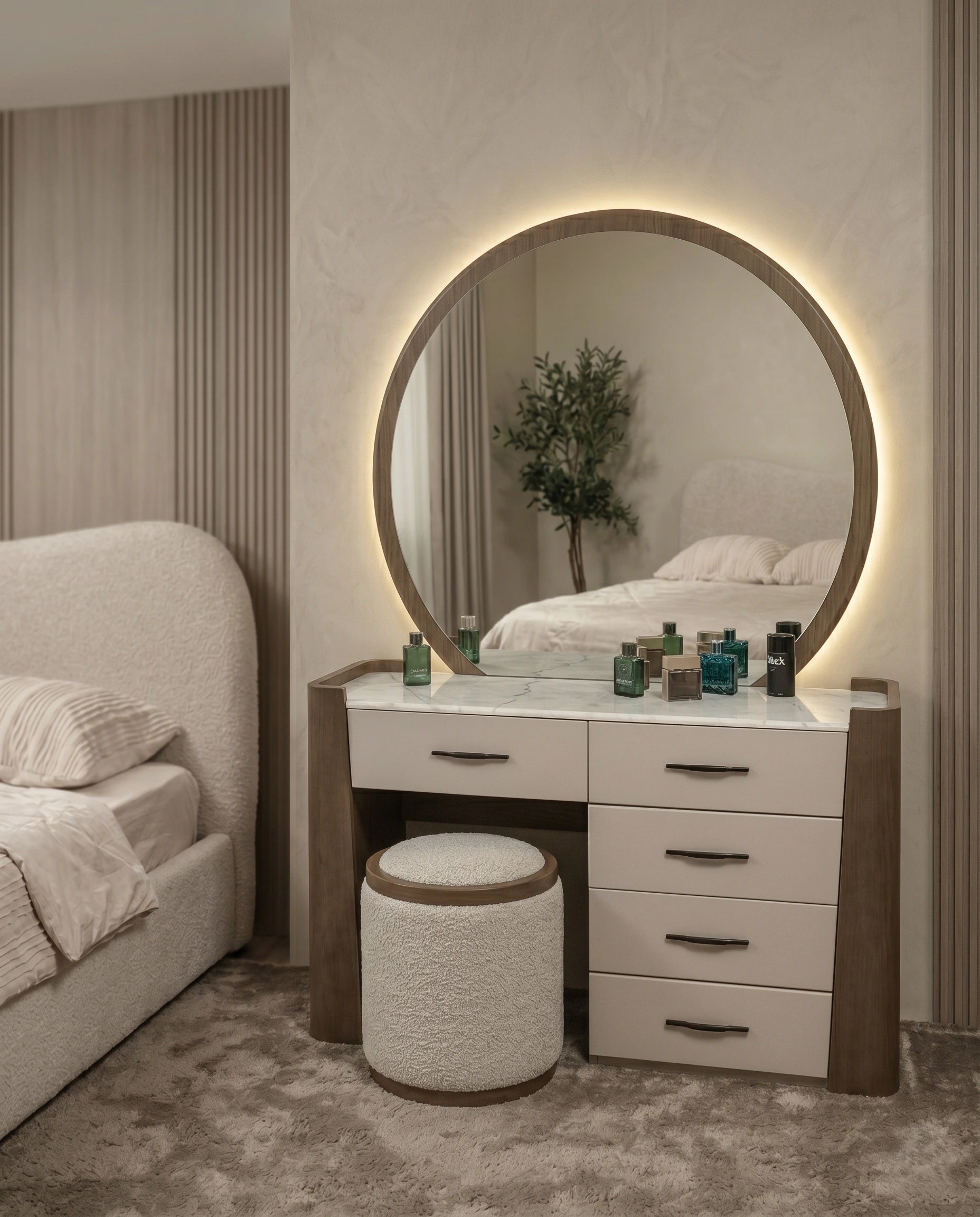 Organic Walnut & Marble Dressing Table Set with LED Mirror Arris Concepts