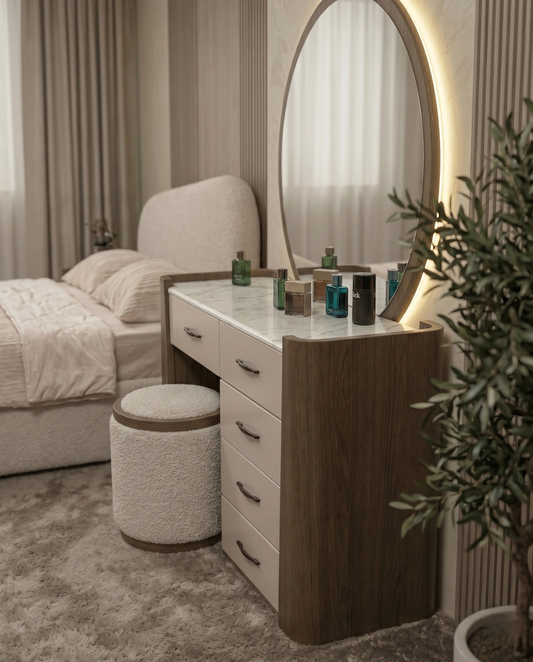 Organic Walnut & Marble Dressing Table Set with LED Mirror Arris Concepts
