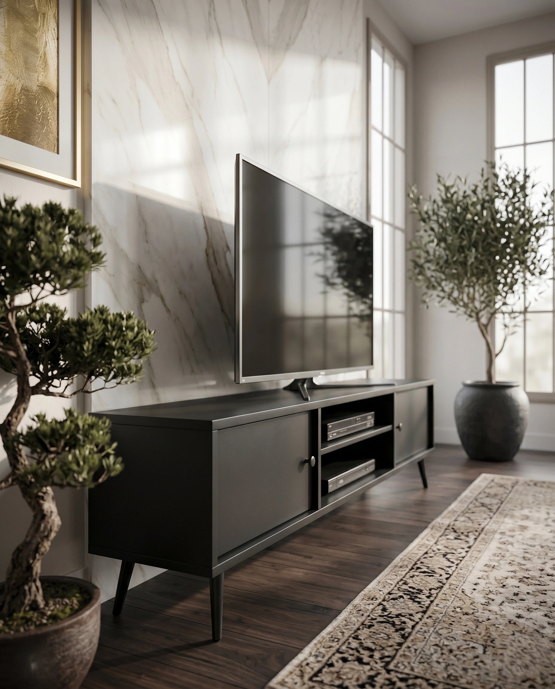 Mid-Century Matte Black TV Ledge & Media Console Arris Concepts