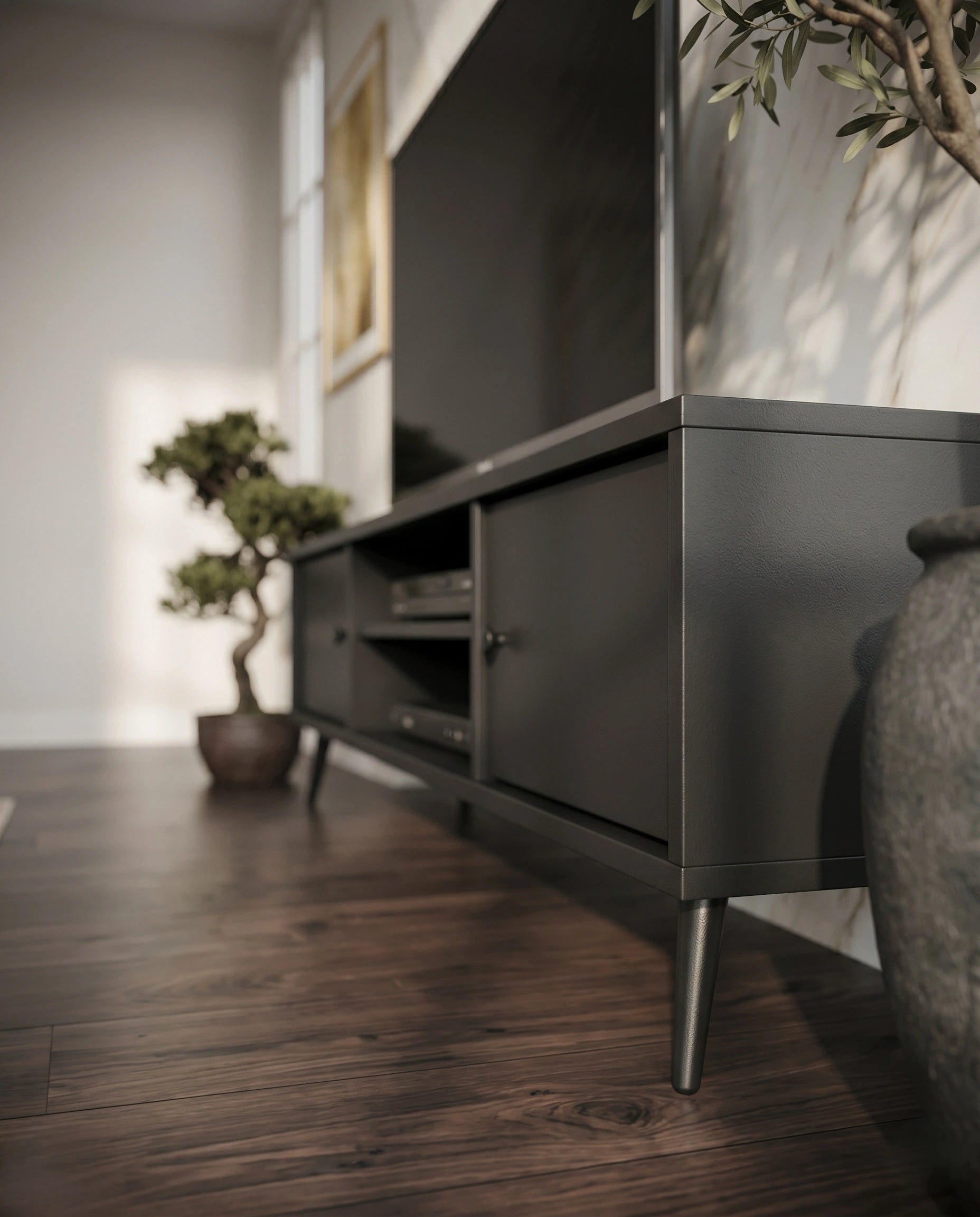 Mid-Century Matte Black TV Ledge & Media Console Arris Concepts