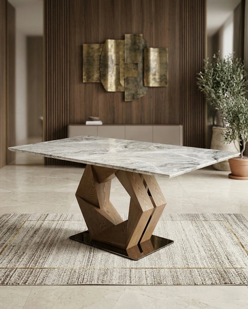 Modern 6 seater marble and wood dining table with geometric design by Arris Concepts Luxury.