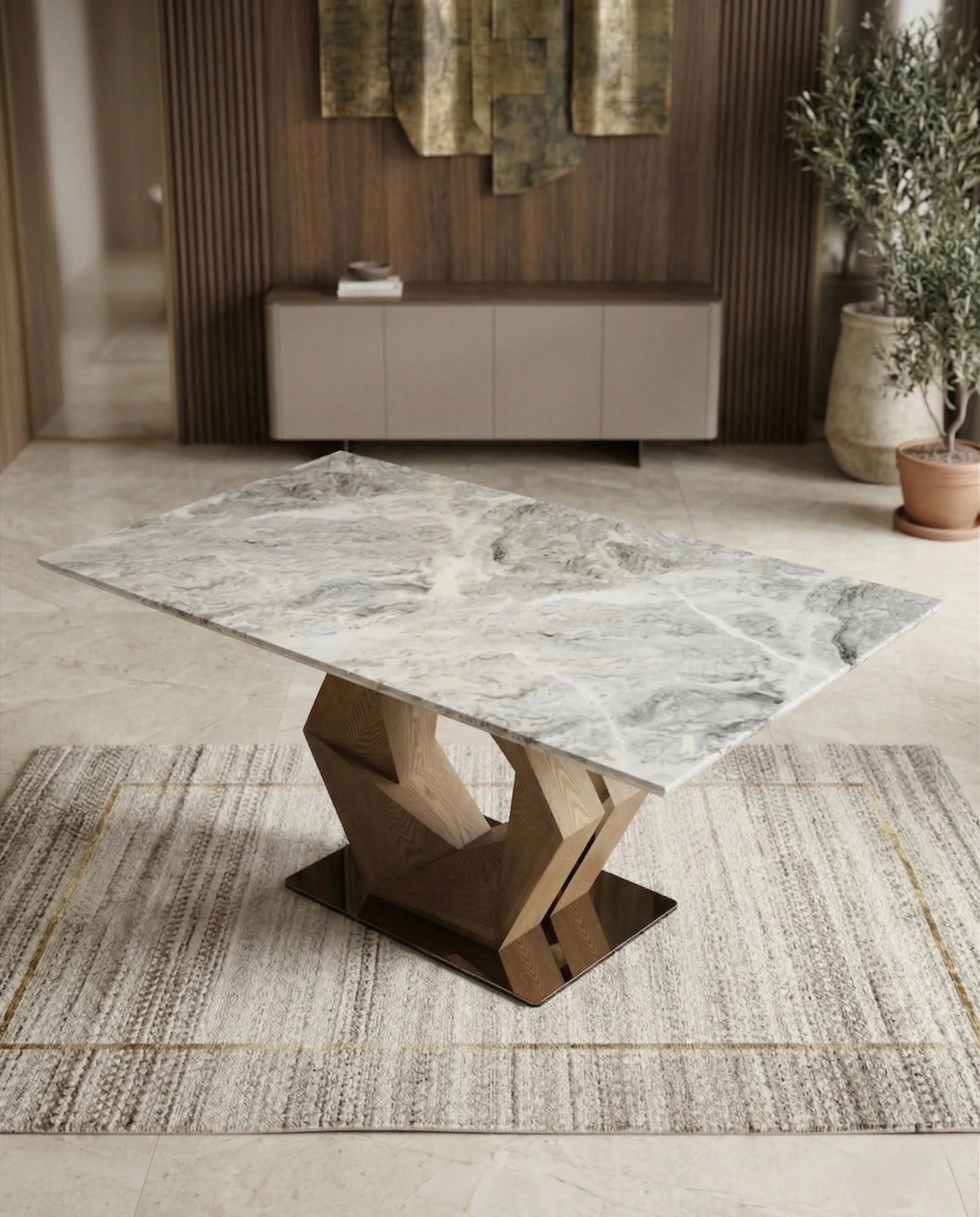 Modern 6 seater marble and wood dining table with geometric design by Arris Concepts Luxury.