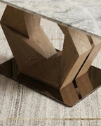 Modern 6 seater marble and wood dining table with geometric design by Arris Concepts Luxury.