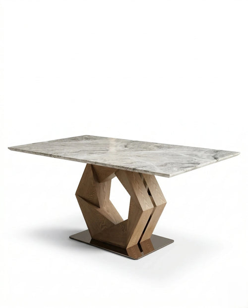 Modern 6 seater marble and wood dining table with geometric design by Arris Concepts Luxury.