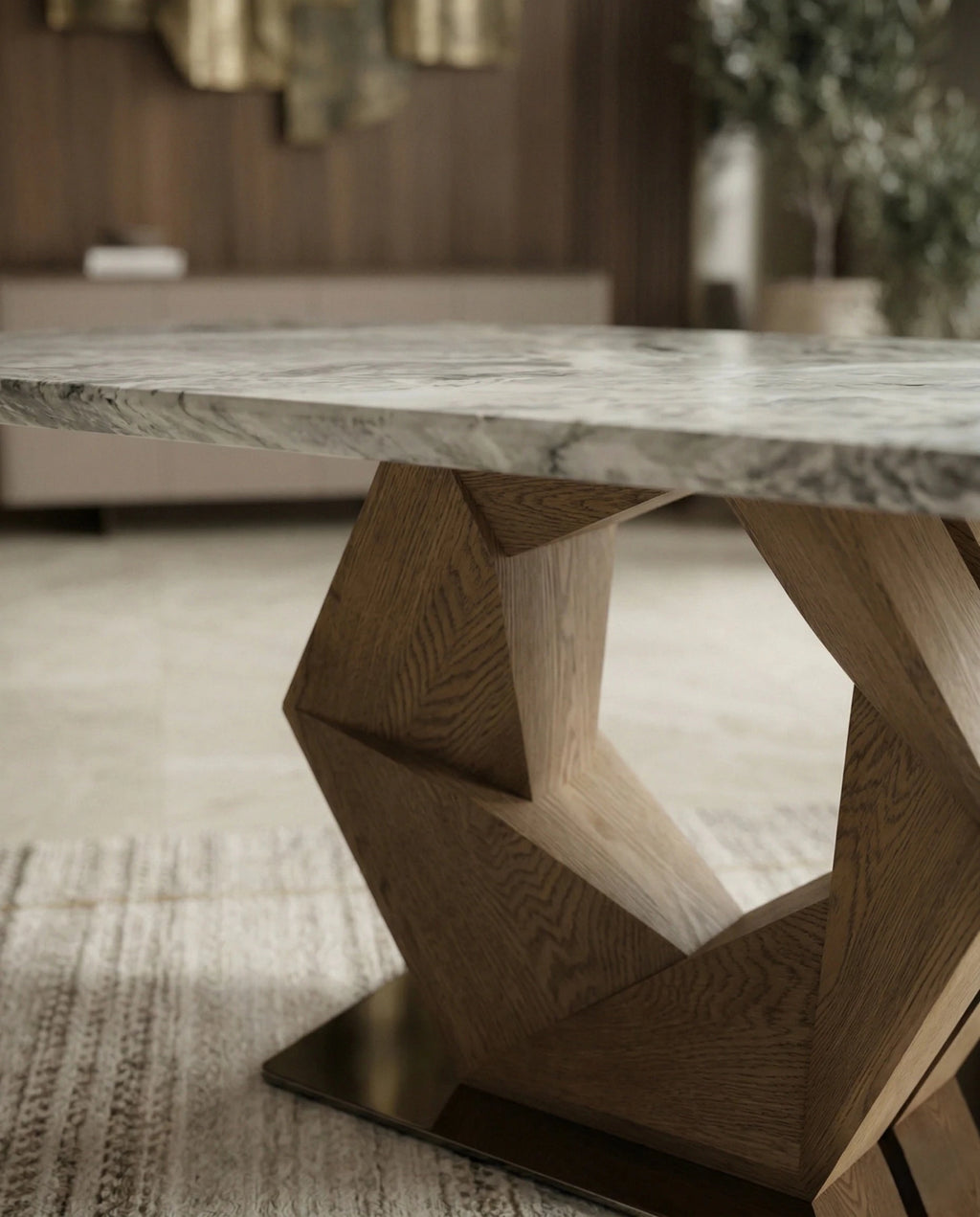 Modern 6 seater marble and wood dining table with geometric design by Arris Concepts Luxury.