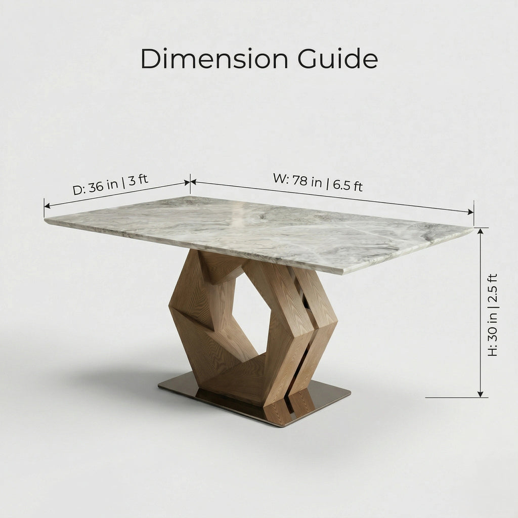 Modern 6 seater marble and wood dining table with geometric design by Arris Concepts Luxury.