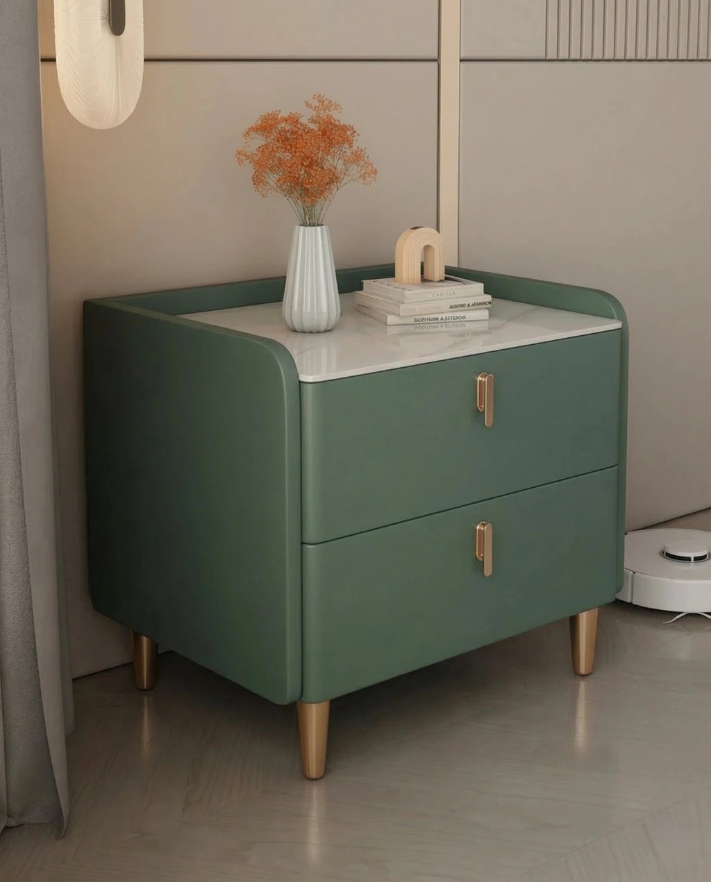 Masterfully crafted luxury modern green nightstand with marble top by Arris Concepts