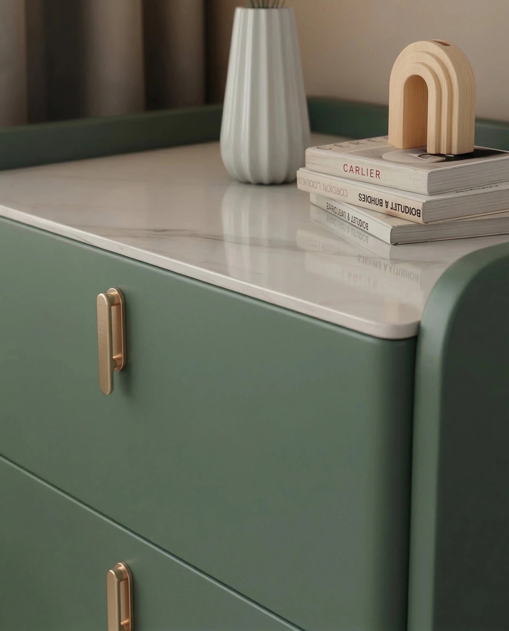 Masterfully crafted luxury modern green nightstand with marble top by Arris Concepts