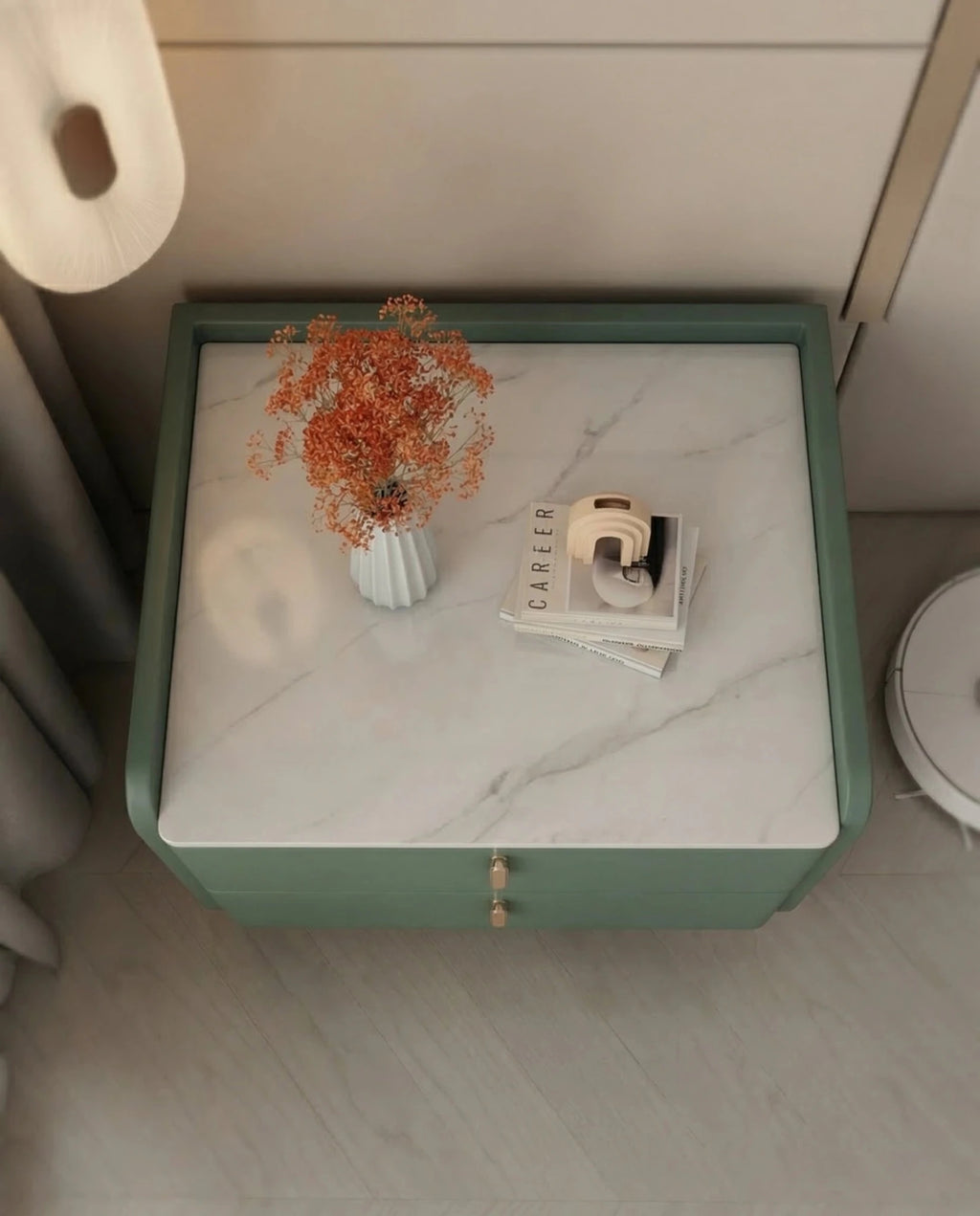 Masterfully crafted luxury modern green nightstand with marble top by Arris Concepts