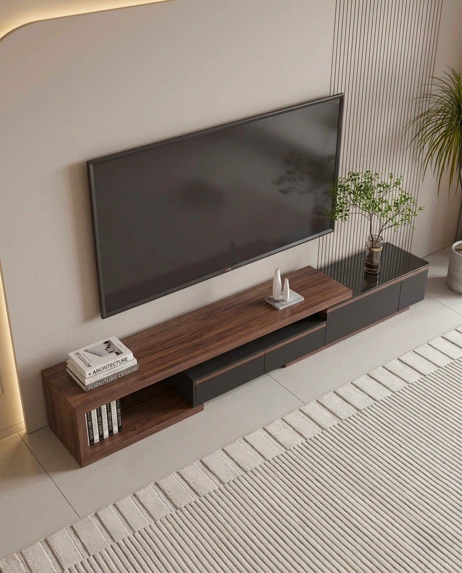 Masterfully crafted luxury modular TV ledge with wood and glass accents by Arris Concepts