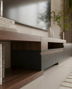 Masterfully crafted luxury modular TV ledge with wood and glass accents by Arris Concepts