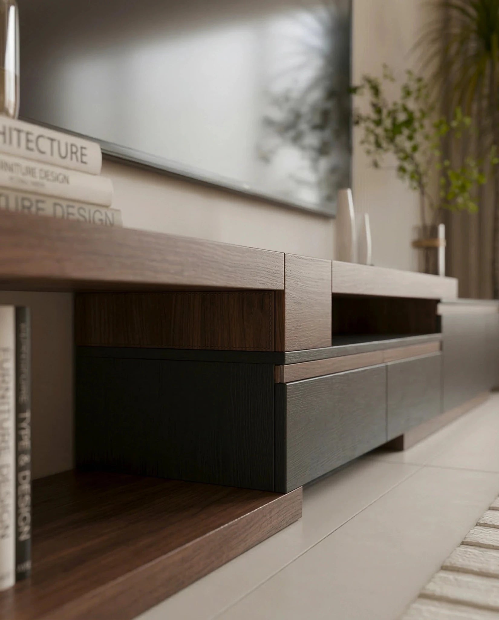 Masterfully crafted luxury modular TV ledge with wood and glass accents by Arris Concepts