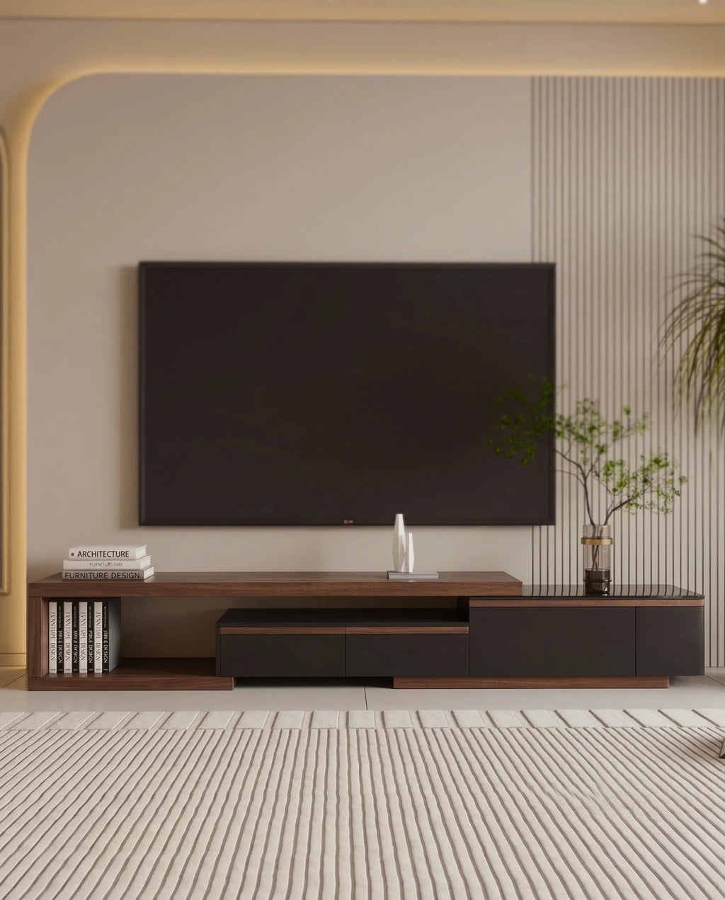 Masterfully crafted luxury modular TV ledge with wood and glass accents by Arris Concepts