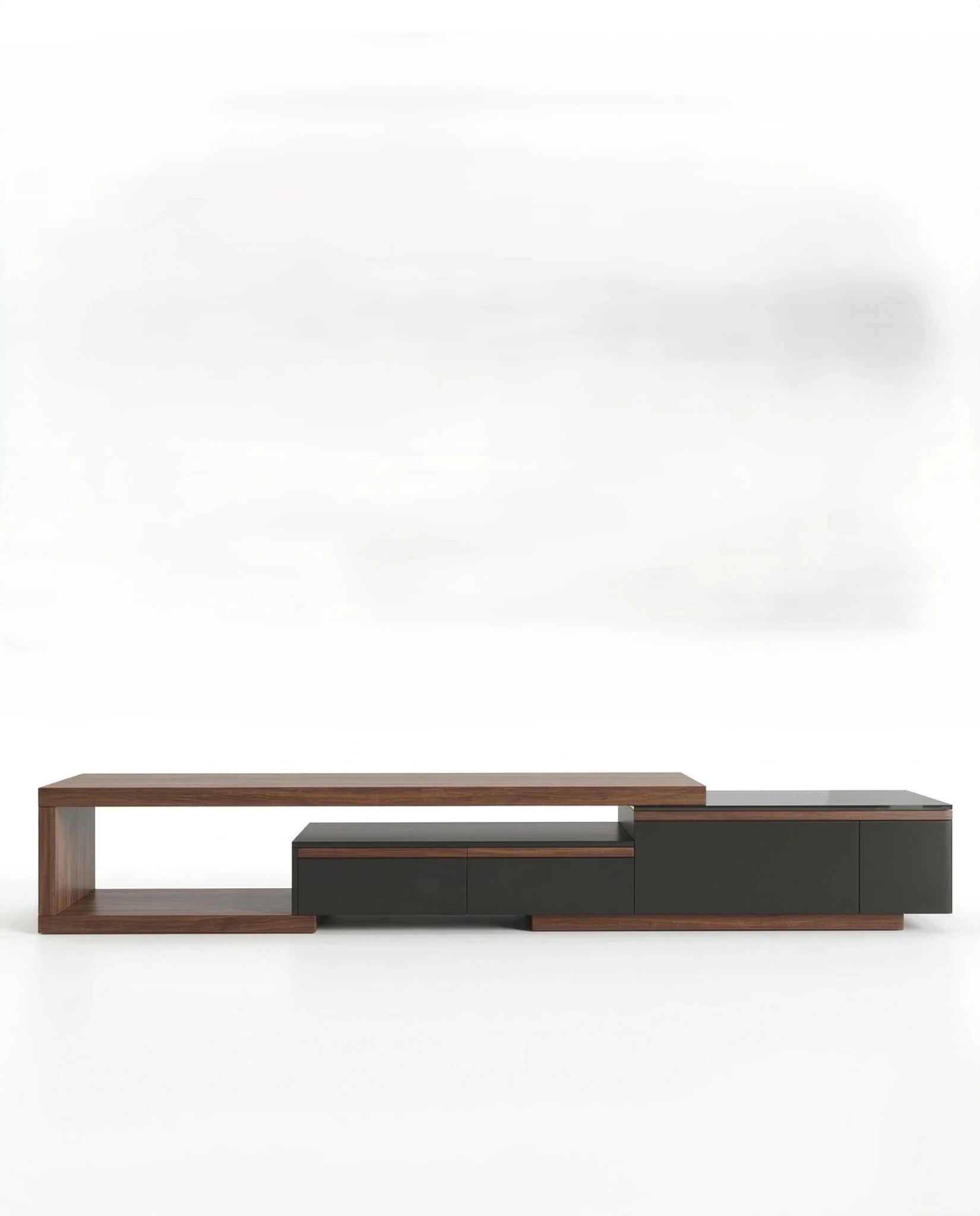 Masterfully crafted luxury modular TV ledge with wood and glass accents by Arris Concepts