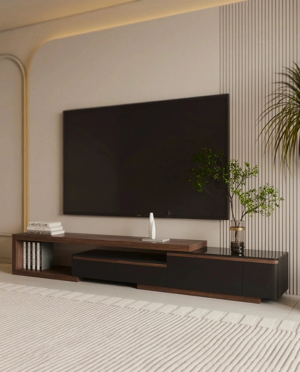 Masterfully crafted luxury modular TV ledge with wood and glass accents by Arris Concepts