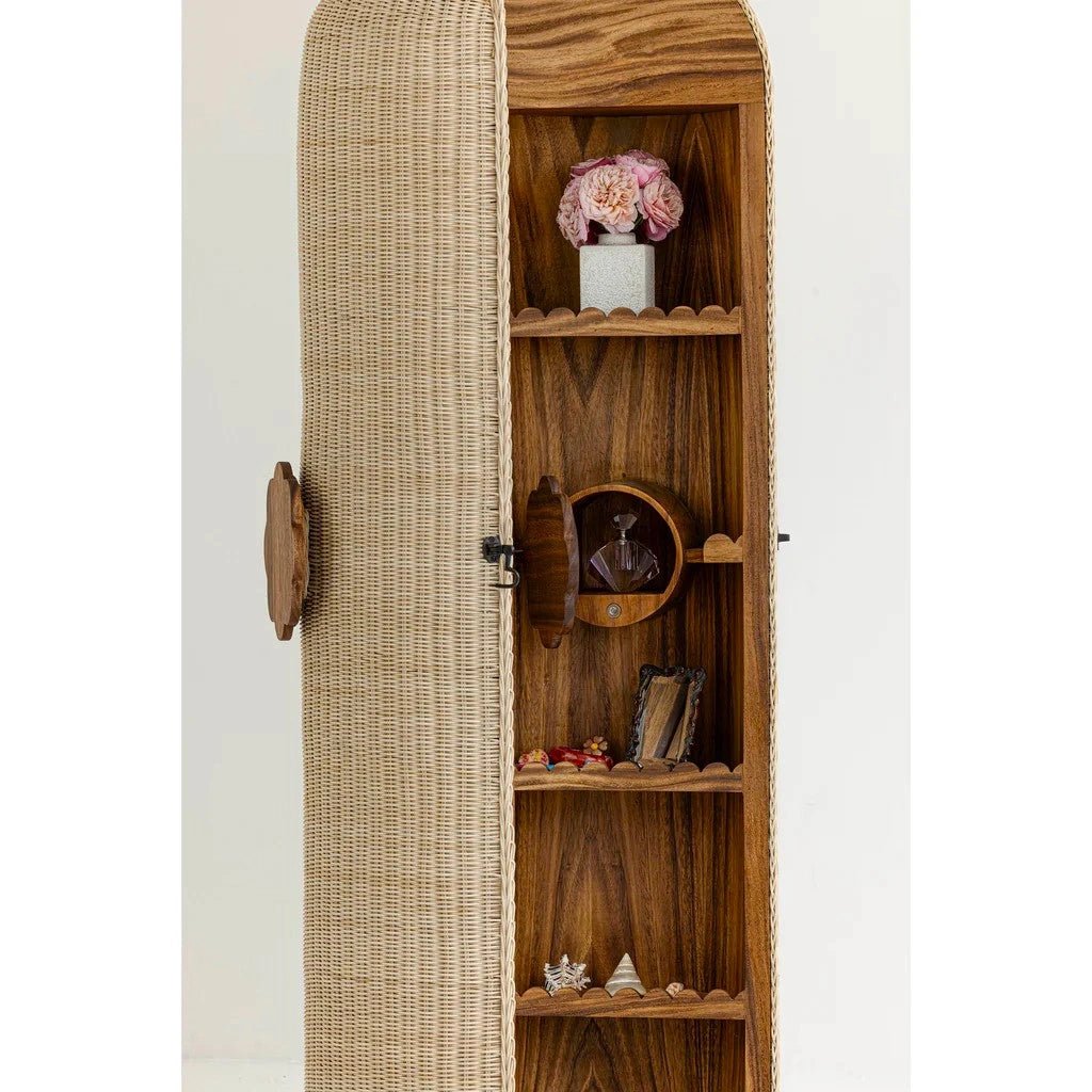 Masterfully crafted luxury rattan storage cabinet with wood shelves by Arris Concepts