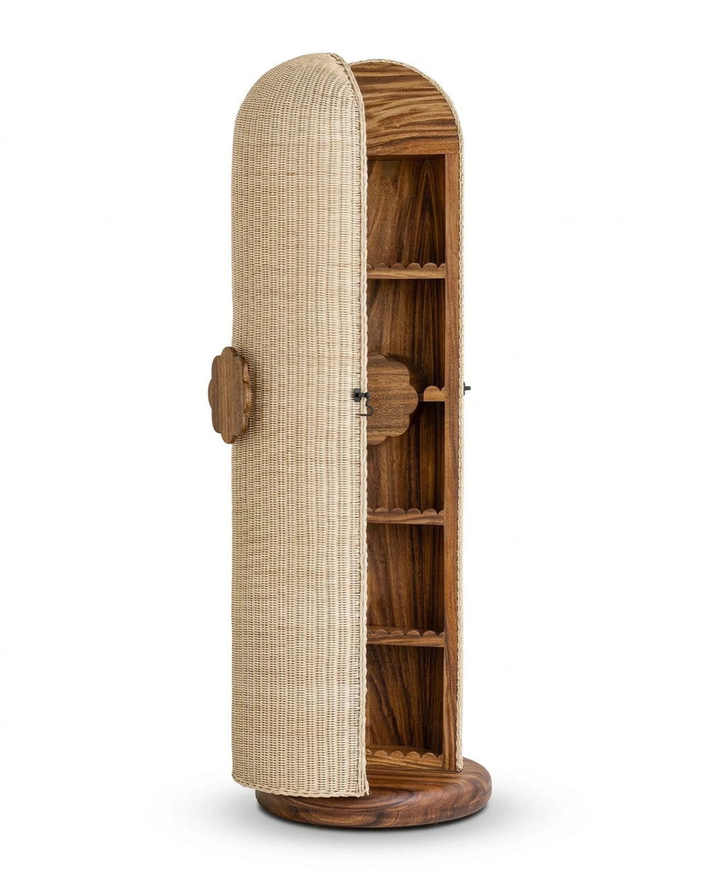 Masterfully crafted luxury rattan storage cabinet with wood shelves by Arris Concepts