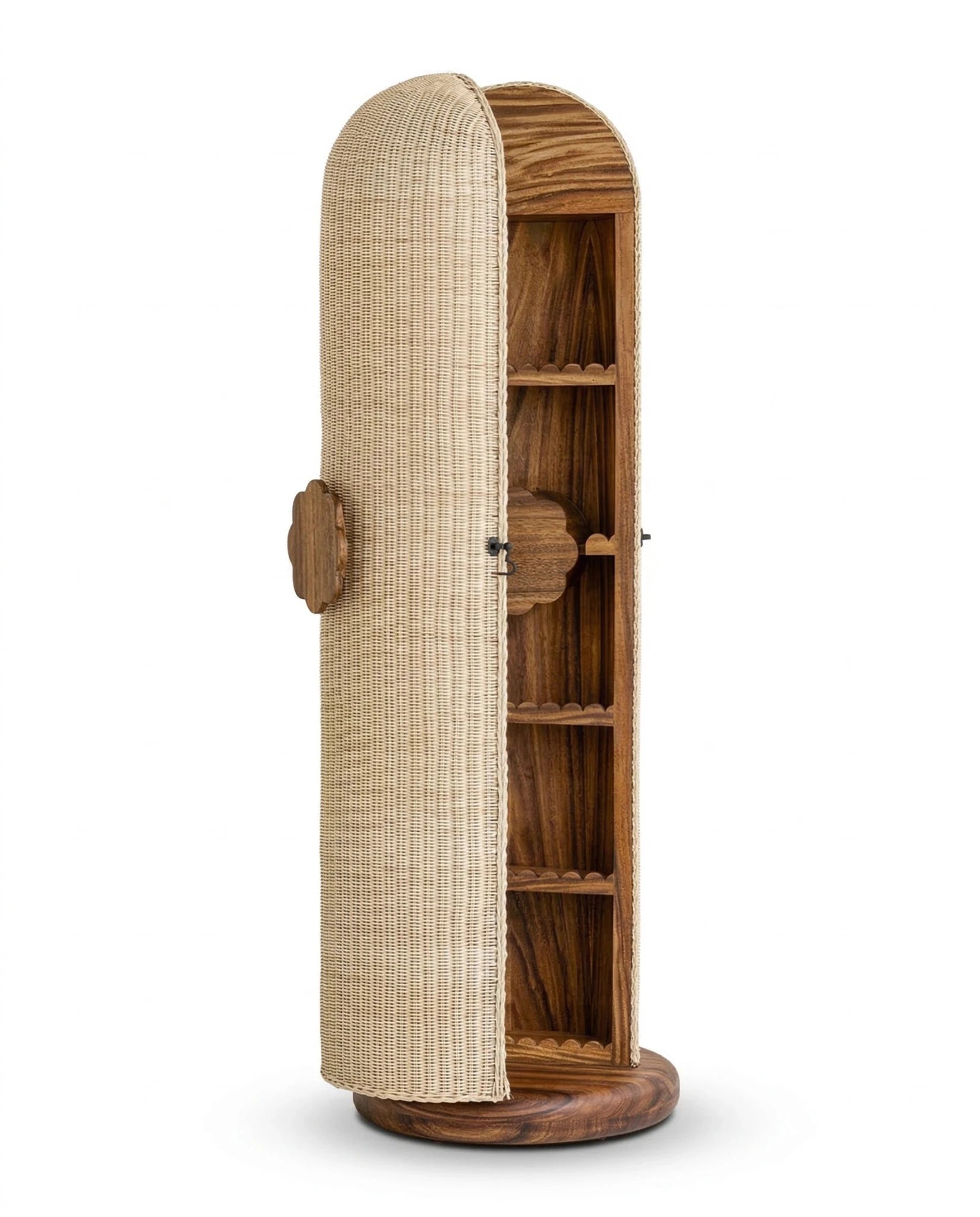 Masterfully crafted luxury rattan storage cabinet with wood shelves by Arris Concepts