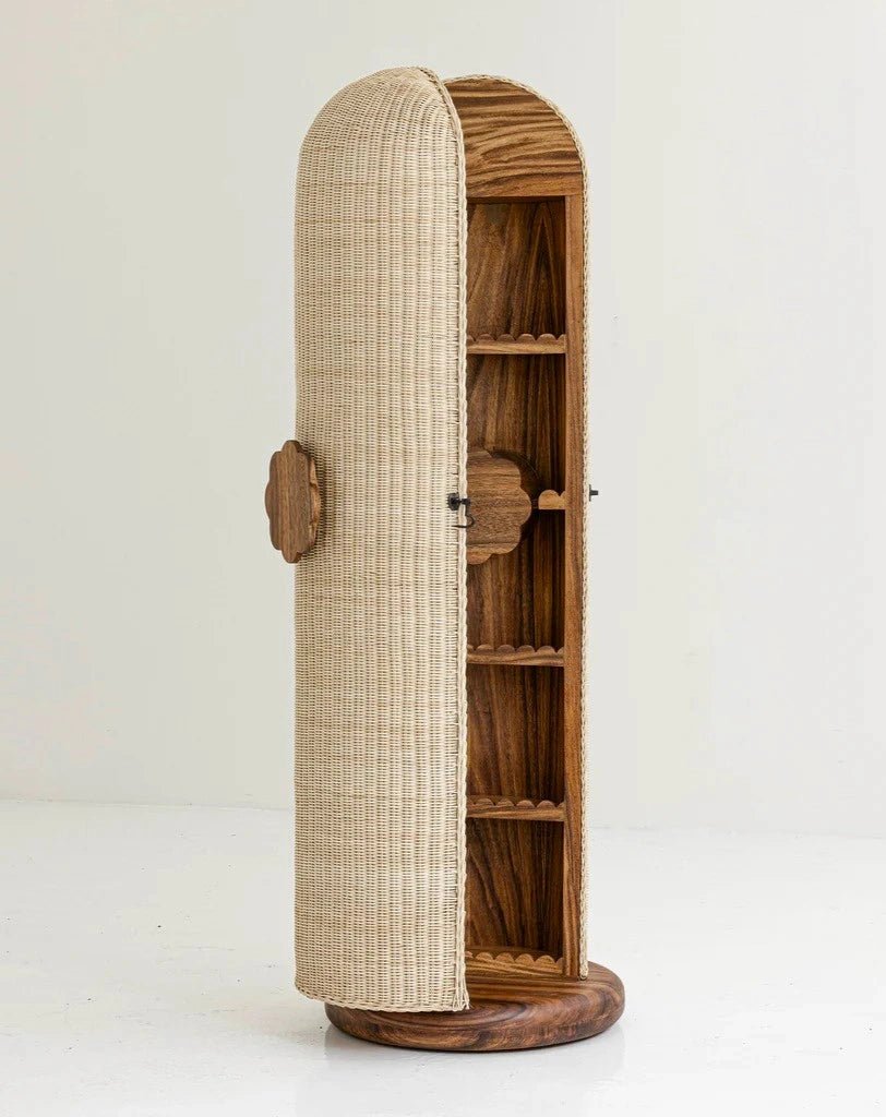 Masterfully crafted luxury rattan storage cabinet with wood shelves by Arris Concepts