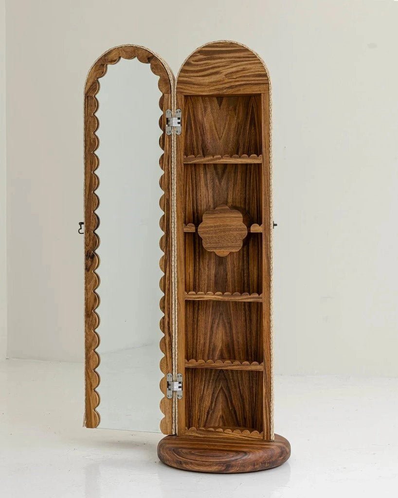 Masterfully crafted luxury rattan storage cabinet with wood shelves by Arris Concepts