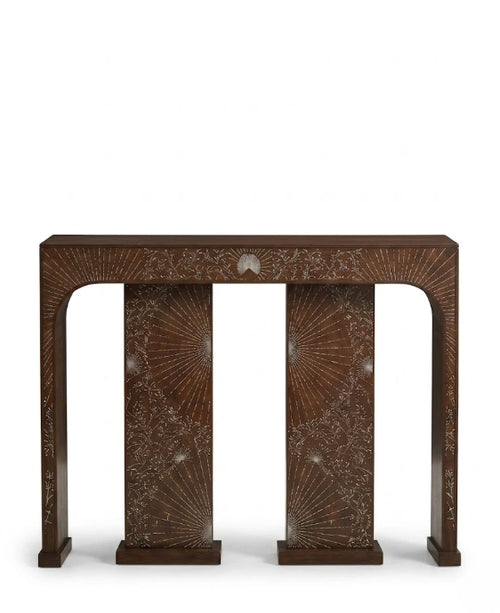 Artisanal Sunburst Inlay Wood Console Table Arris Concepts