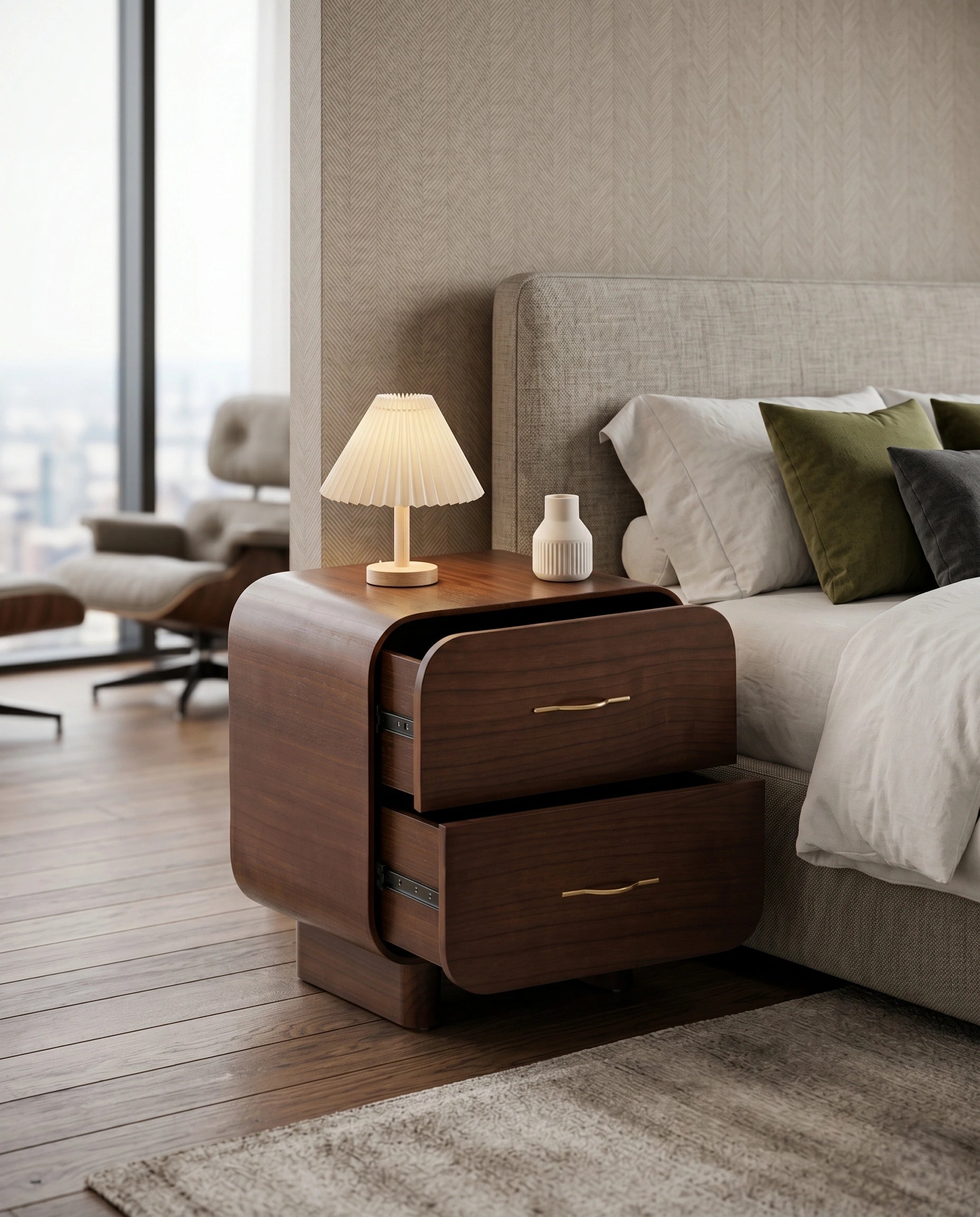 Organic Modern Walnut Nightstand with Brass Pulls Arris Concepts