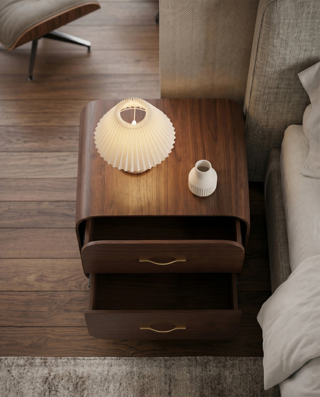 Organic Modern Walnut Nightstand with Brass Pulls Arris Concepts