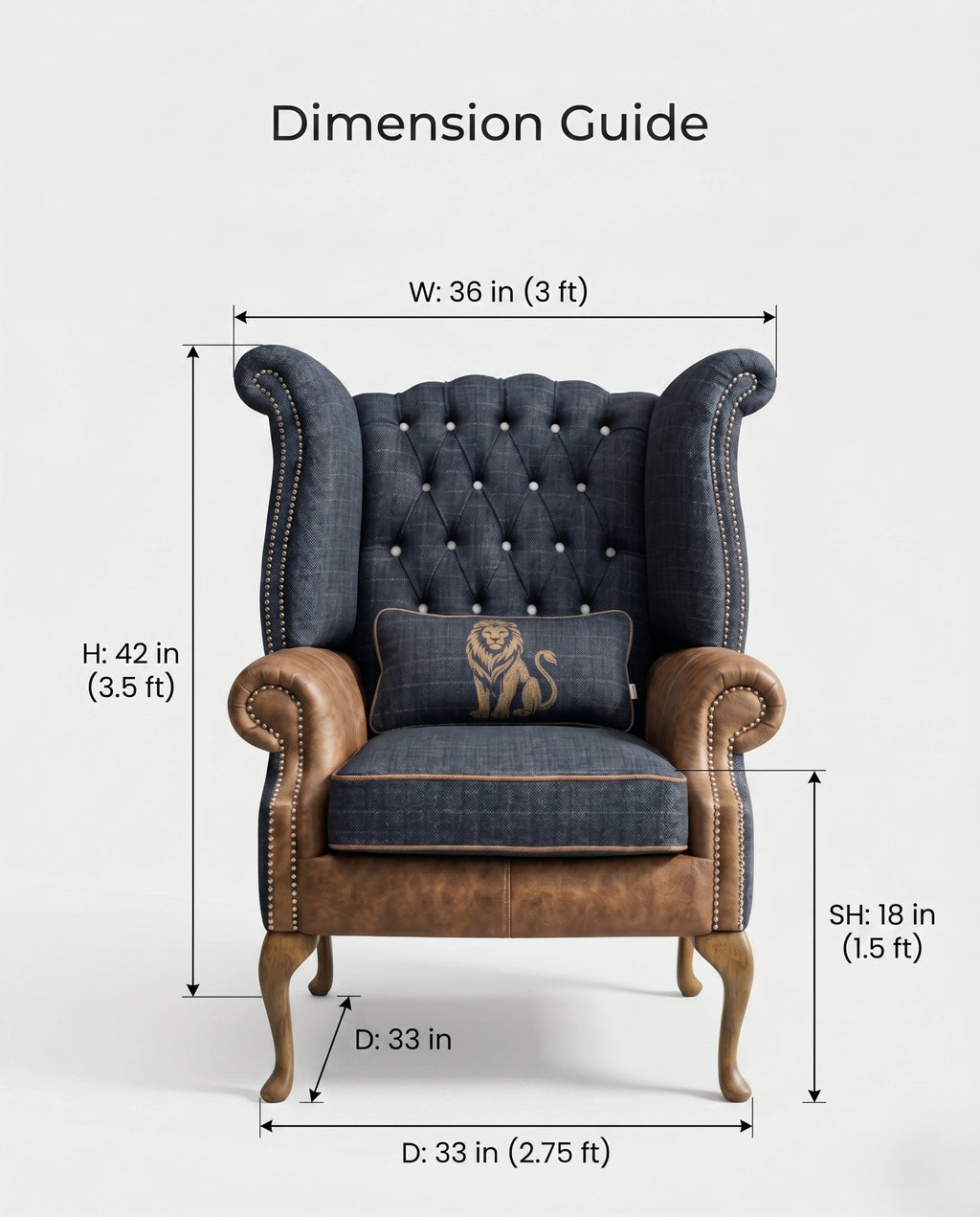 Heritage Tufted Navy & Leather Wingback Chair Arris Concepts