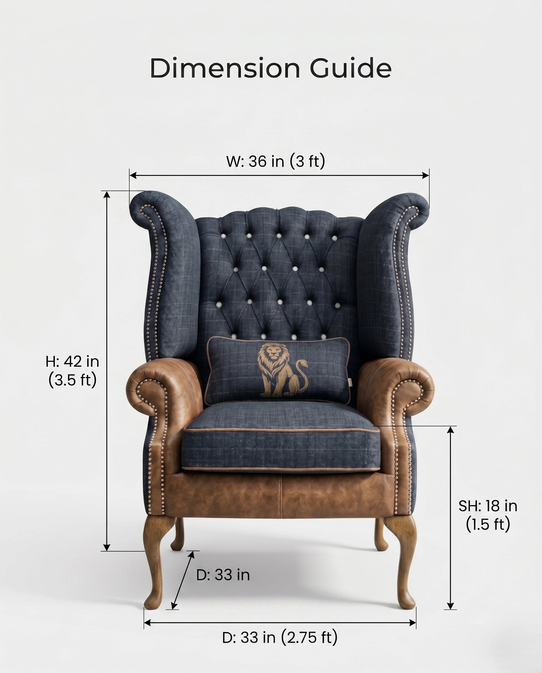 Heritage Tufted Navy & Leather Wingback Chair Arris Concepts