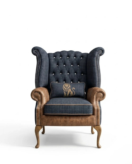Heritage Tufted Navy & Leather Wingback Chair Arris Concepts