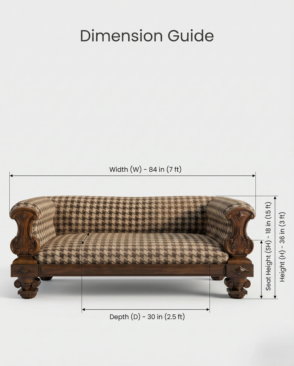 Heritage Carved Wood & Houndstooth Rolled Arm Sofa Arris Concepts