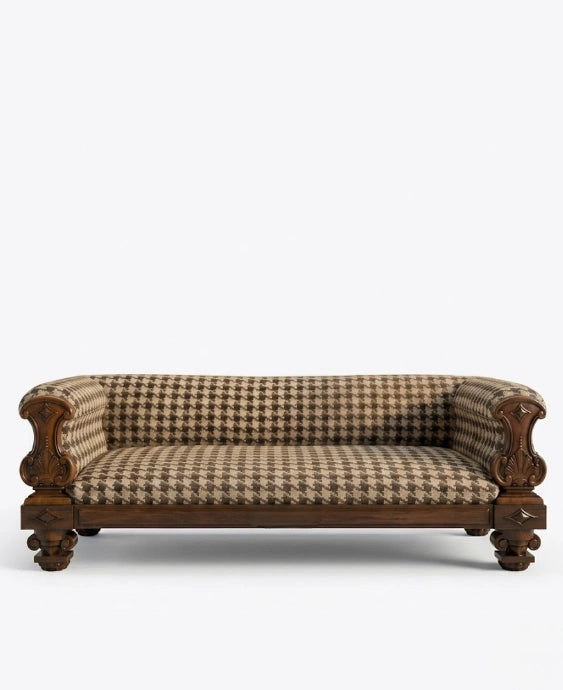 Heritage Carved Wood & Houndstooth Rolled Arm Sofa Arris Concepts
