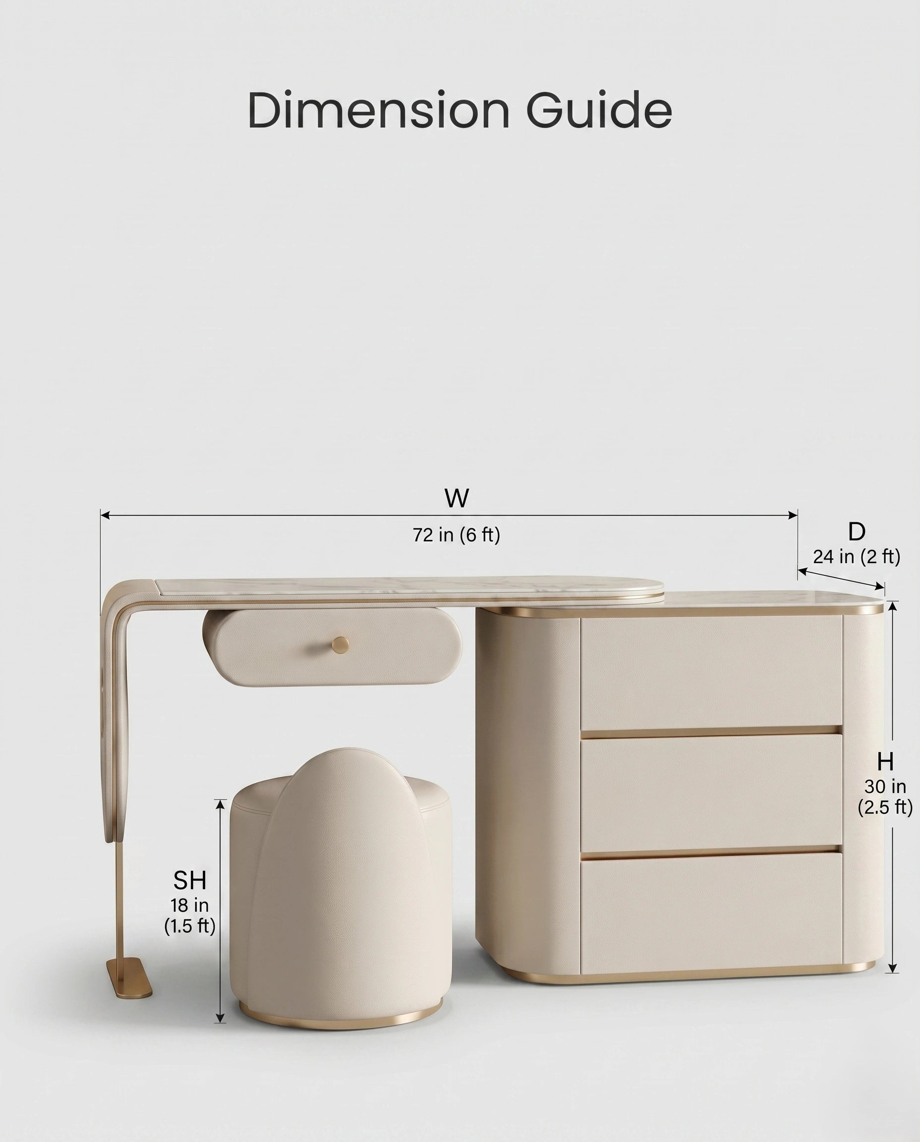 Modern Cream & Gold Asymmetrical Dressing Table Set Arris Concepts