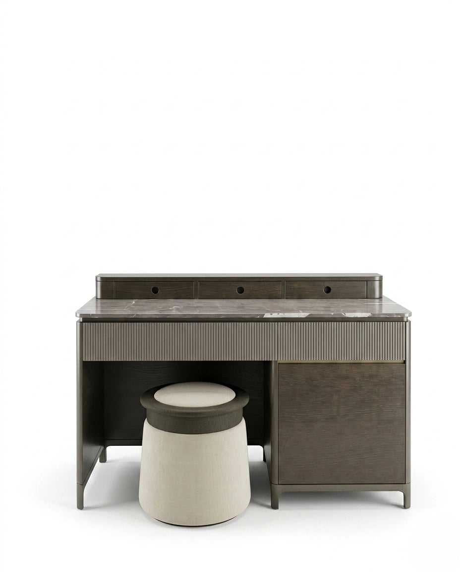 Executive Fluted Dark Wood & Marble Dressing Table Set Arris Concepts