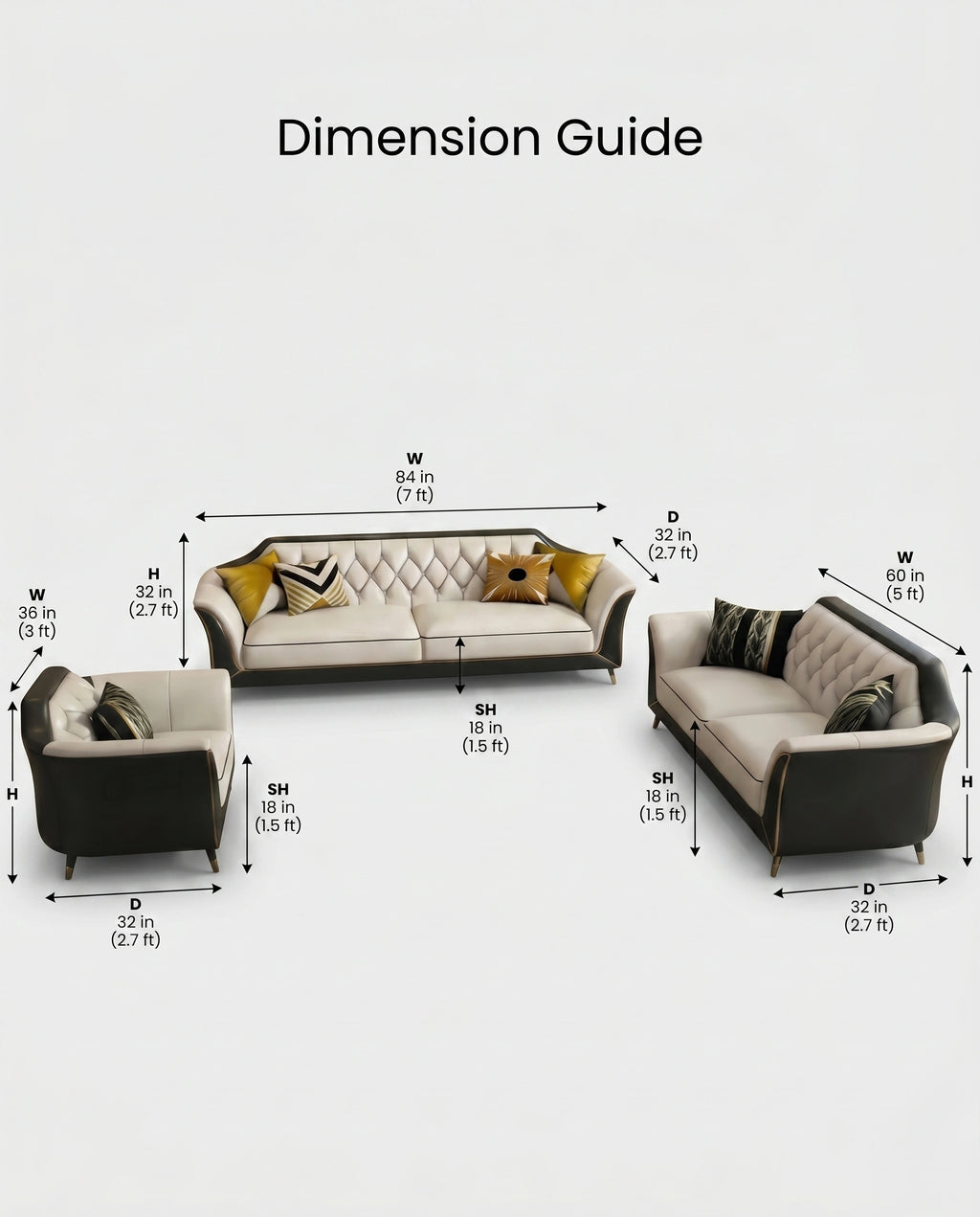 Modern Diamond Tufted Two-Tone 3-Piece Sofa Set Arris Concepts