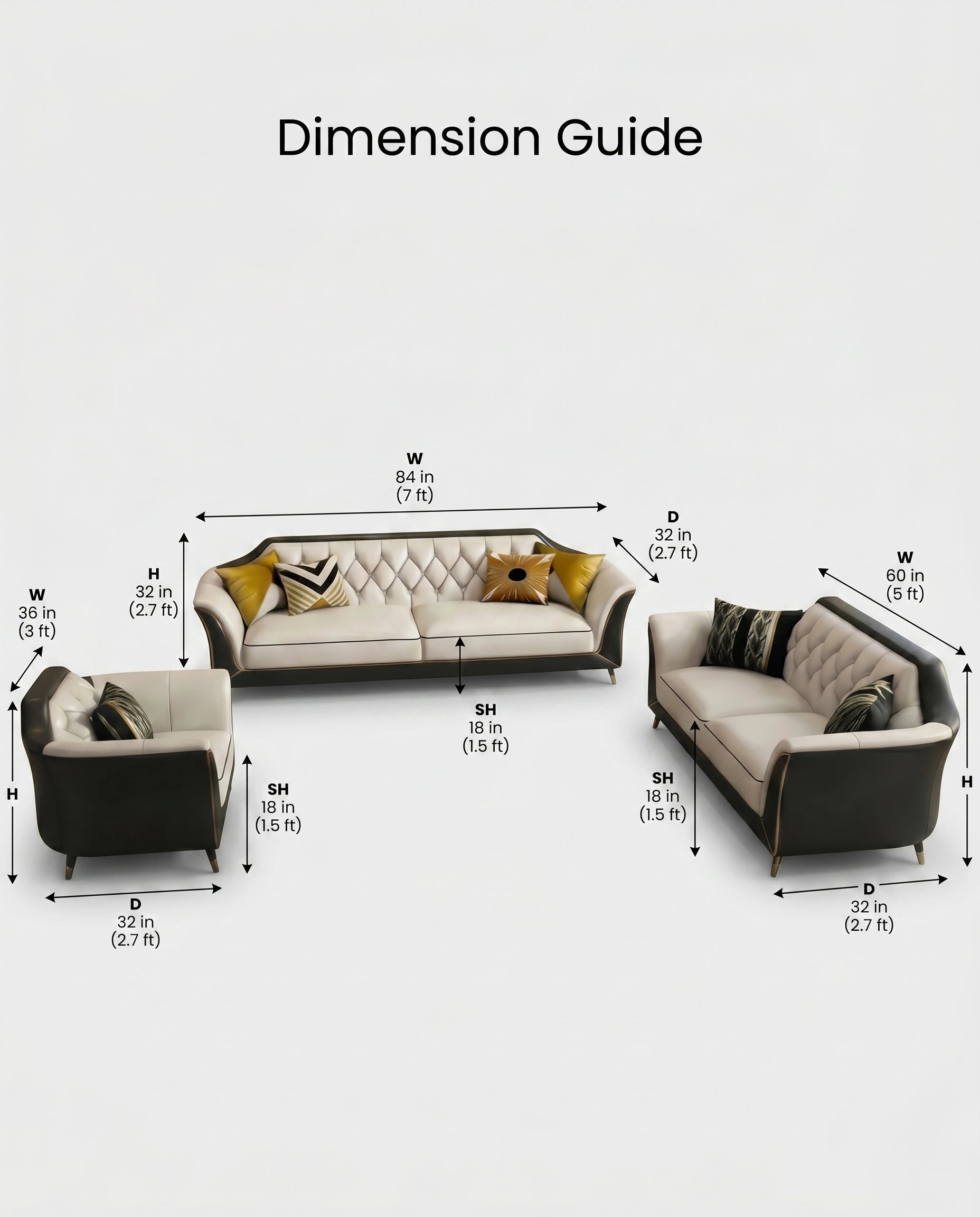Modern Diamond Tufted Two-Tone 3-Piece Sofa Set Arris Concepts