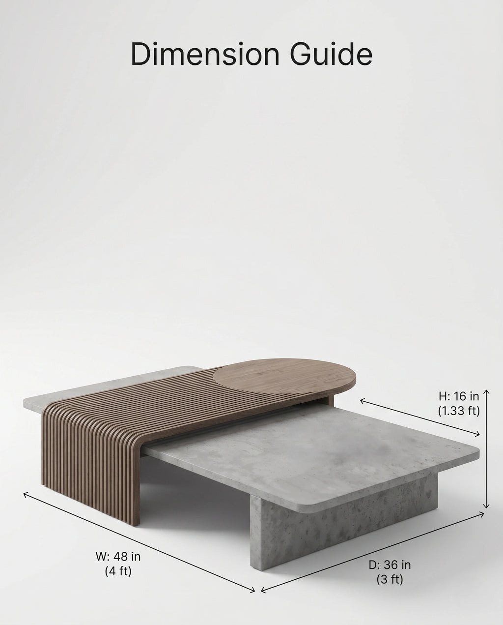 Modern Slatted Walnut & Concrete Asymmetrical Center Table Arris Concepts