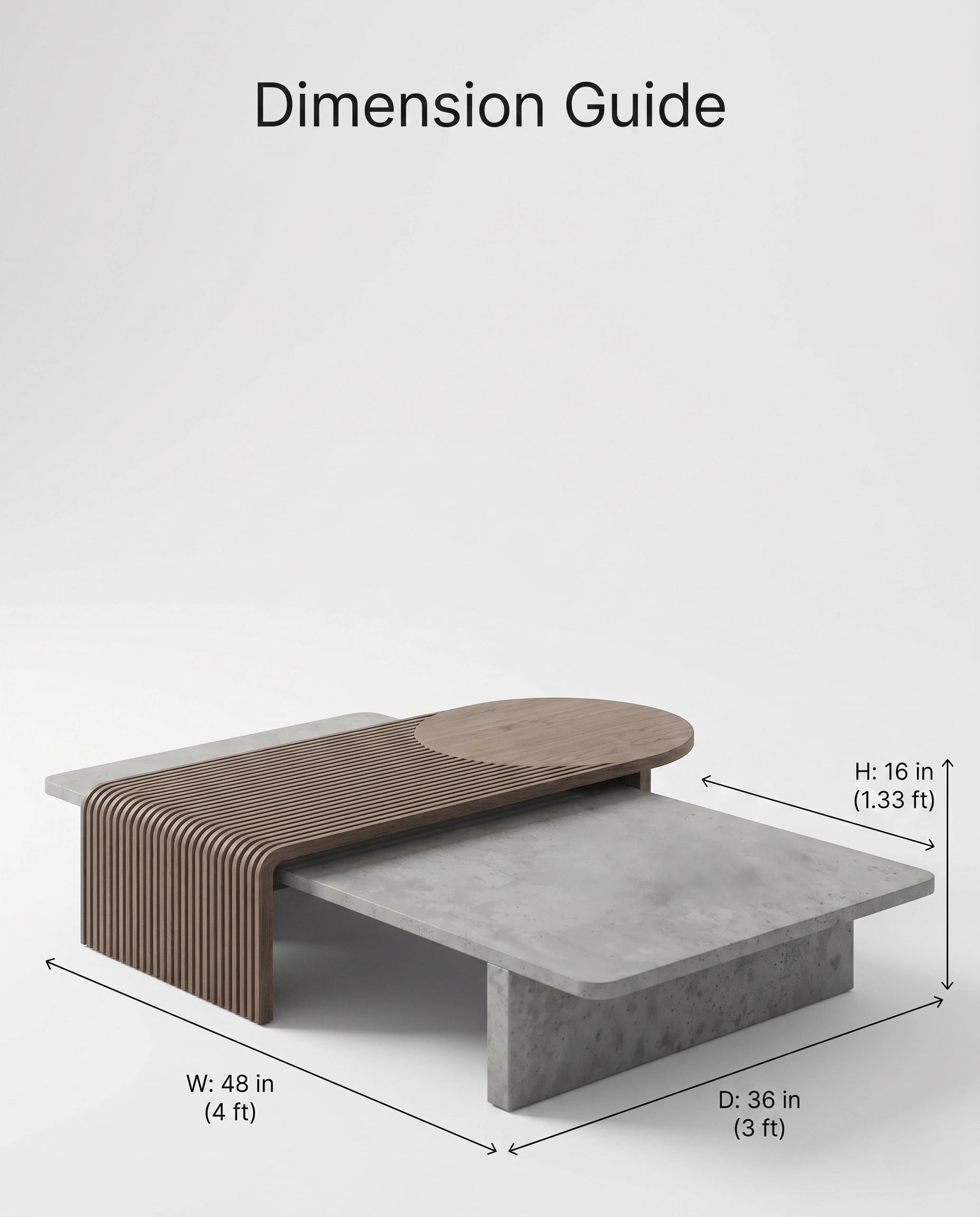 Modern Slatted Walnut & Concrete Asymmetrical Center Table Arris Concepts