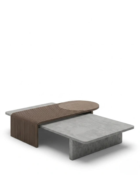 Modern Slatted Walnut & Concrete Asymmetrical Center Table Arris Concepts