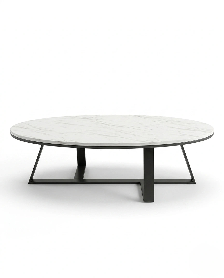 Architectural Round White Marble & Black Metal Center Table Arris Concepts