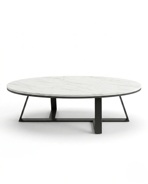 Architectural Round White Marble & Black Metal Center Table Arris Concepts