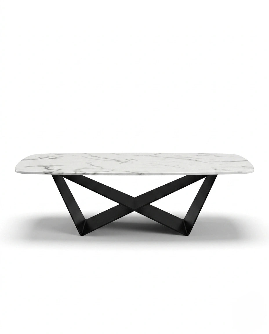 Sculptural X-Base White Marble Center Table Arris Concepts