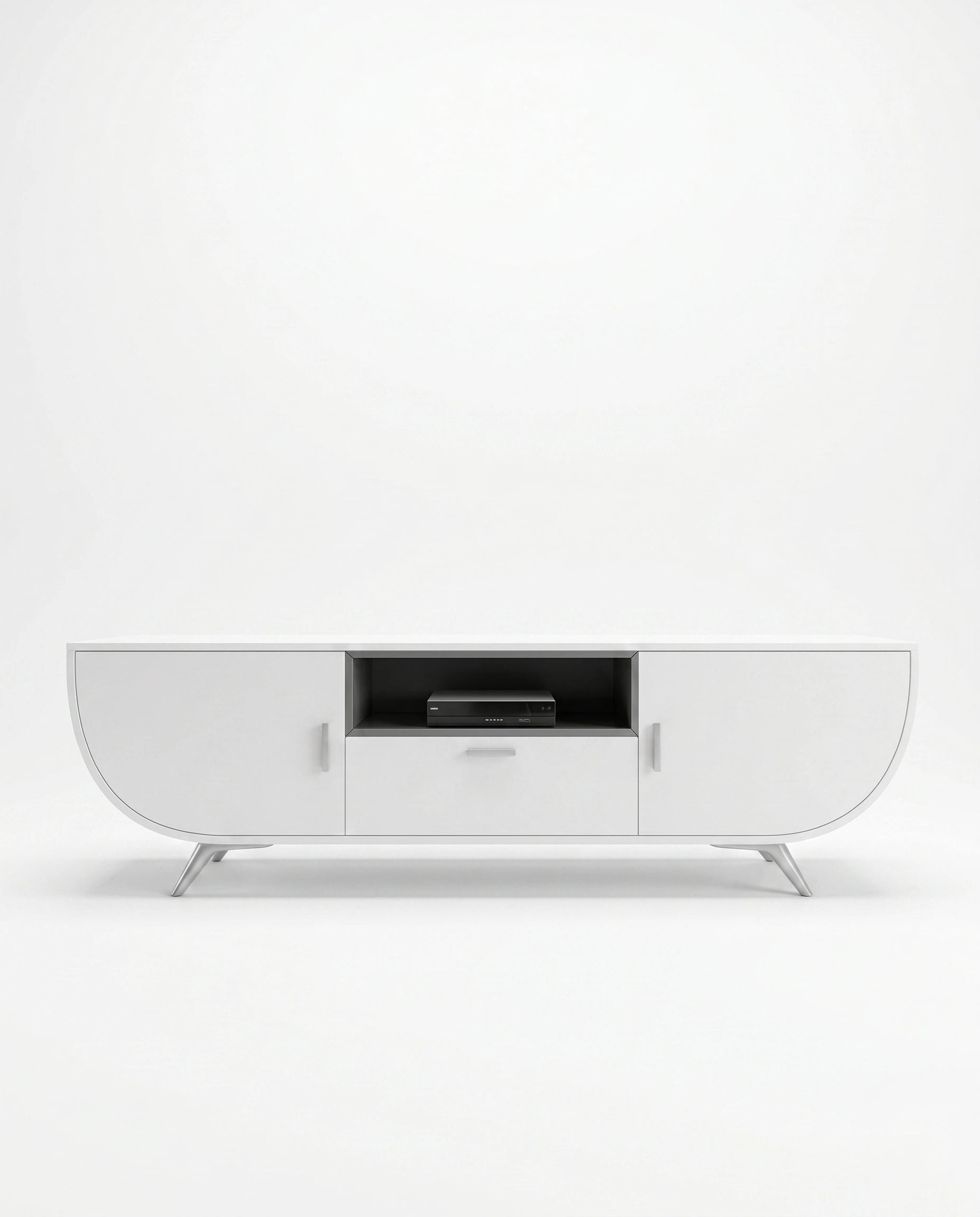 Modern Curved White Capsule TV Ledge & Media Console Arris Concepts