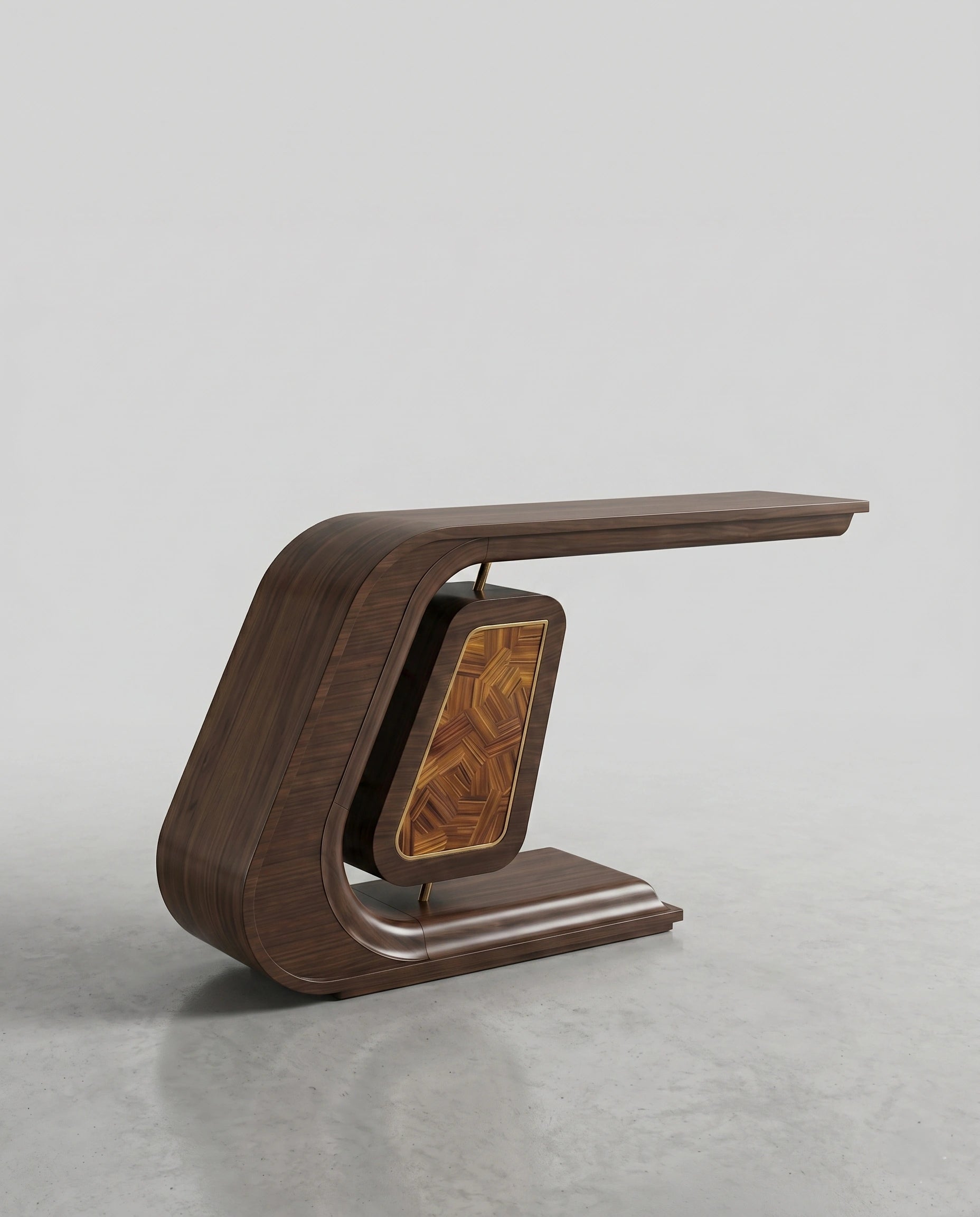 Sculptural Bentwood & Marquetry Asymmetrical Console Table Arris Concepts