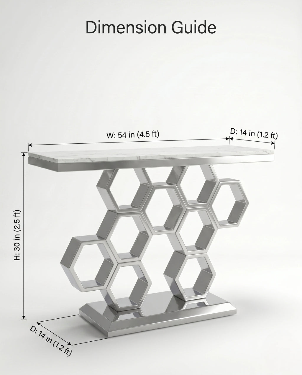 Geometric Honeycomb Silver & White Marble Console Table Arris Concepts