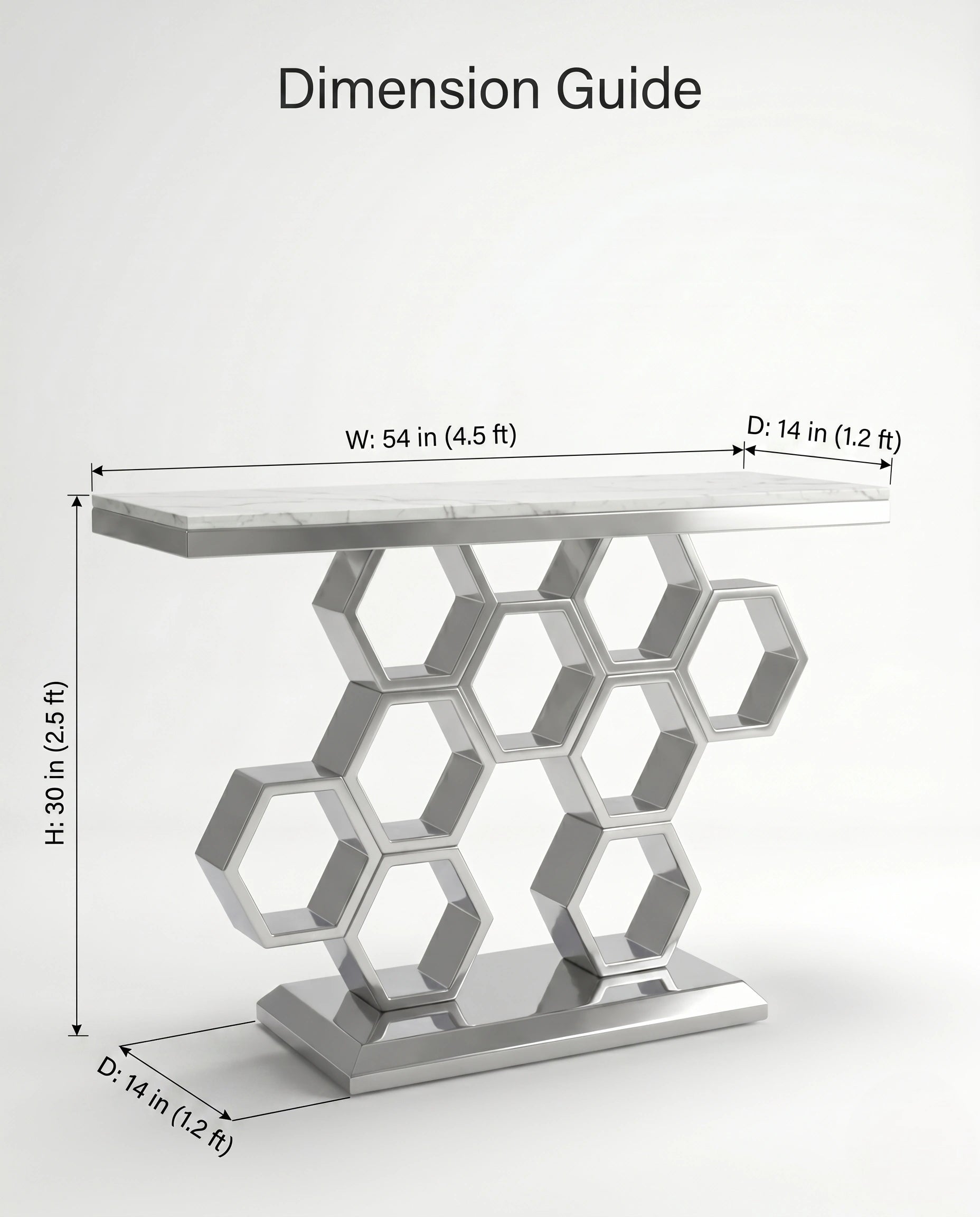 Geometric Honeycomb Silver & White Marble Console Table Arris Concepts