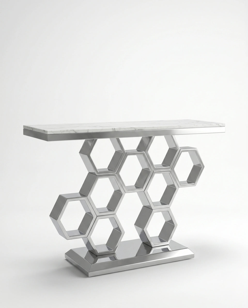 Geometric Honeycomb Silver & White Marble Console Table Arris Concepts
